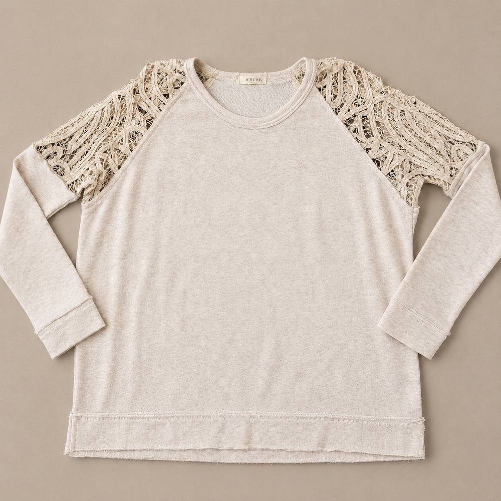 A'Reve Boho Crochet‎ Lace Shoulder Pullover Oatmeal Lightweight Sweatshirt (MED)